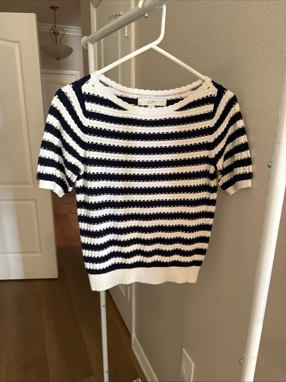 LOFT Navy and White Striped Short-Sleeve Crew Sweater XS